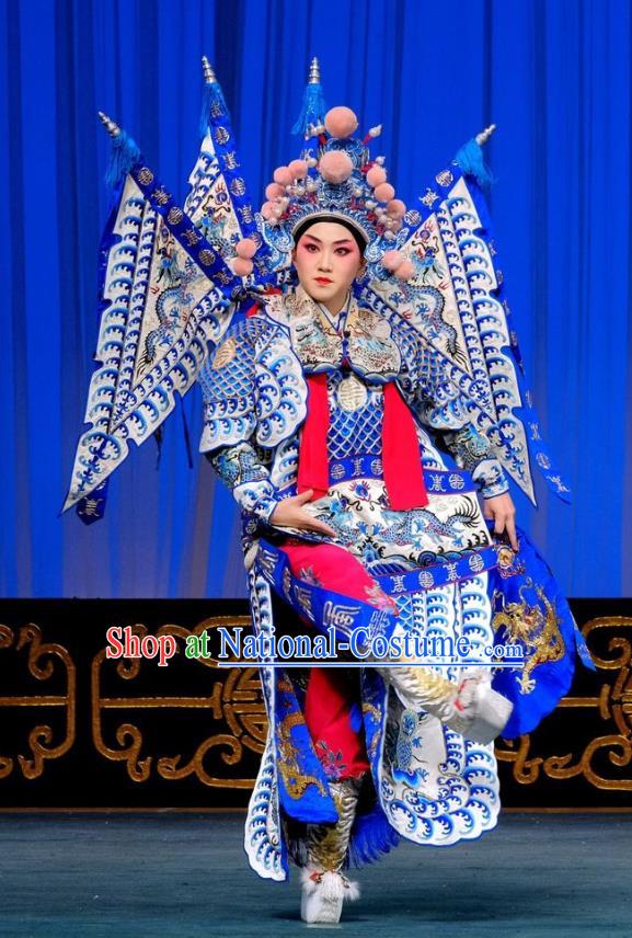 Chinese Beijing Opera Female General Kao Apparels Gai Rong Zhan Fu Costumes and Headdress Traditional Peking Opera Martial Woman Dress Wan Xiangyou Garment with Flags