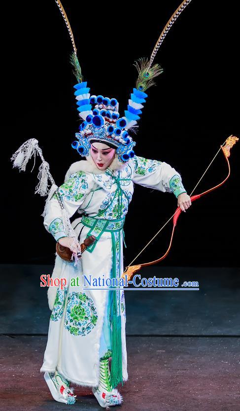 Chinese Beijing Opera Female Swordsman Apparels Chun Ri Yan Costumes and Headdress Traditional Peking Opera Martial Woman Dress Princess Yi Lan Garment