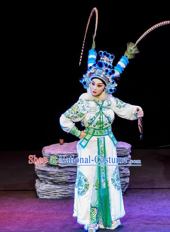 Chinese Beijing Opera Female Swordsman Apparels Chun Ri Yan Costumes and Headdress Traditional Peking Opera Martial Woman Dress Princess Yi Lan Garment