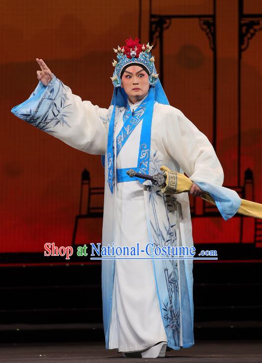 Mei Hua Zan Chinese Peking Opera Xiaosheng Garment Costumes and Headwear Beijing Opera Martial Male Apparels Swordsman Li Liangchuan Clothing