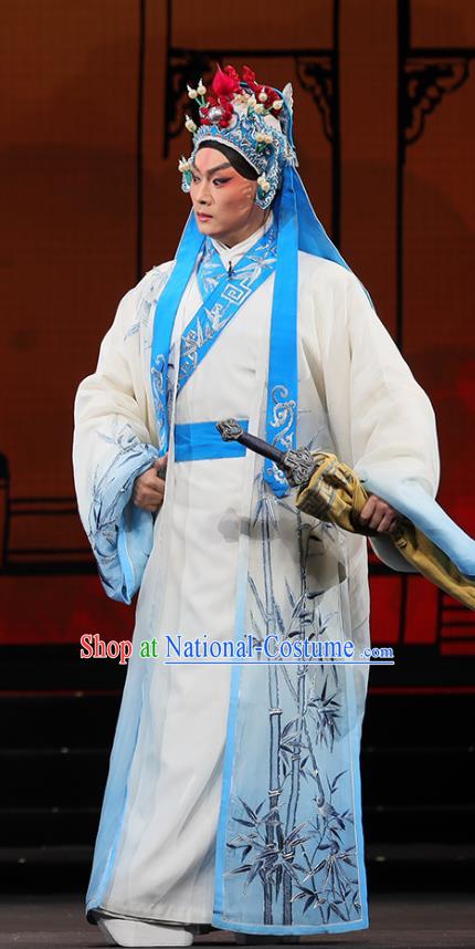 Mei Hua Zan Chinese Peking Opera Xiaosheng Garment Costumes and Headwear Beijing Opera Martial Male Apparels Swordsman Li Liangchuan Clothing