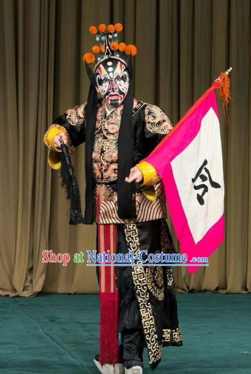 Shen Ting Ling Chinese Peking Opera Soldier Apparels Costumes and Headpieces Beijing Opera Wusheng Garment Martial Male Black Clothing