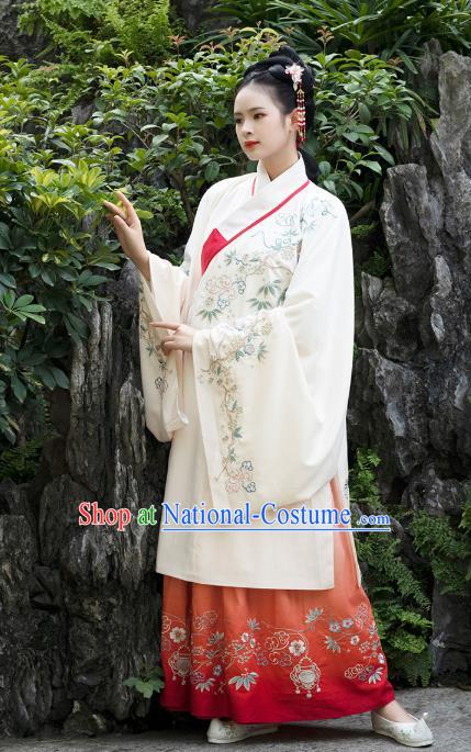 Traditional Chinese Ancient Patrician Lady Embroidered Hanfu Dress Garment Ming Dynasty Historical Costumes Long Blouse and Skirt for Women