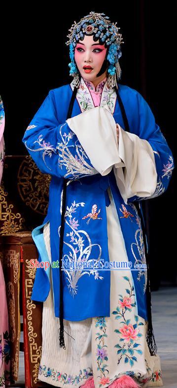 Chinese Beijing Opera Diva Garment Actress Zhang Yuzhen Costumes and Hair Accessories The Jade Hairpin Traditional Peking Opera Hua Tan Blue Dress Apparels