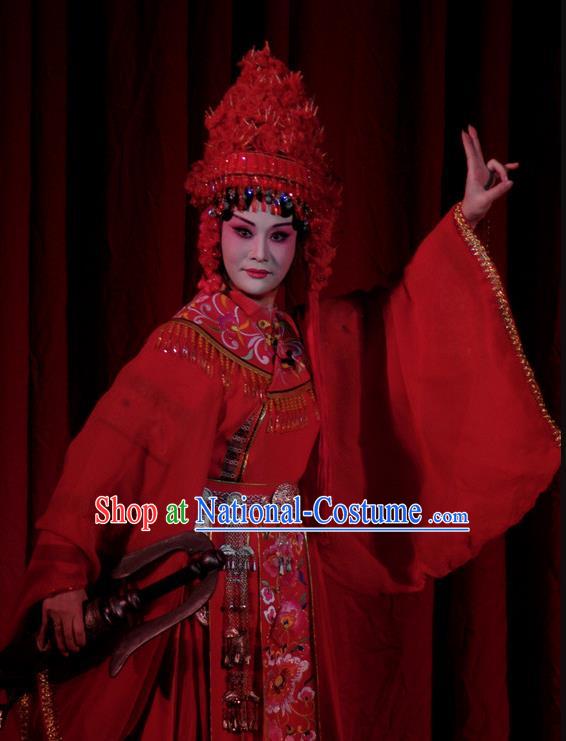 Chinese Beijing Opera Queen Red Garment Consort Bai Jie Costumes and Hair Accessories Traditional Peking Opera Empress Dress Young Female Apparels