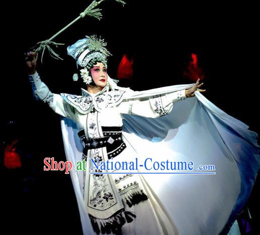 Chinese Beijing Opera Huadan Garment Consort Bai Jie Costumes and Hair Accessories Traditional Peking Opera Queen White Dress Martial Female Apparels