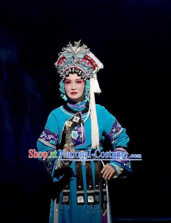 Chinese Beijing Opera Diva Garment Consort Bai Jie Costumes and Hair Accessories Traditional Peking Opera Queen Blue Dress Actress Apparels