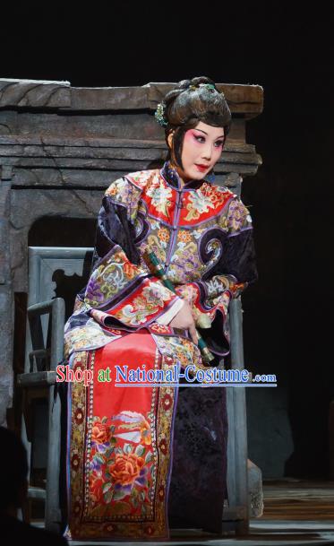 Chinese Beijing Opera Dowager Garment Costumes and Hair Accessories Traditional Peking Opera The Golden Cangue Mistress Cao Qiqiao Dress Rich Dame Apparels