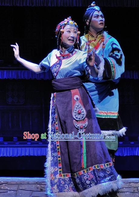 Chinese Sichuan Opera Young Female Costumes and Hair Accessories Chen Ai Luo Ding Traditional Peking Opera Tibetan Female Dress Princess Ta Na Apparels