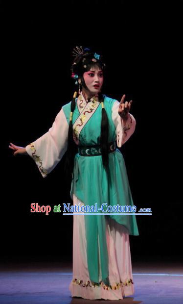 Chinese Sichuan Opera Xiaodan Garment Servant Girl Yan Yan Costumes and Hair Accessories Traditional Peking Opera Young Lady Green Dress Apparels