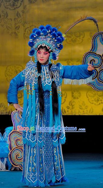 Chinese Sichuan Opera The Legend of White Snake Xiao Qing Garment Costumes and Hair Accessories Traditional Peking Opera Martial Female Blue Dress Apparels