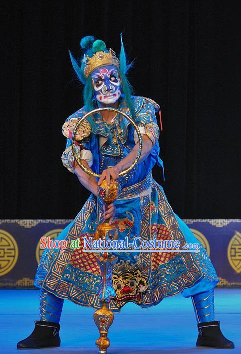 The Legend of White Snake Chinese Sichuan Opera Soldier Apparels Costumes and Headpieces Peking Opera Wusheng Garment Blue Clothing