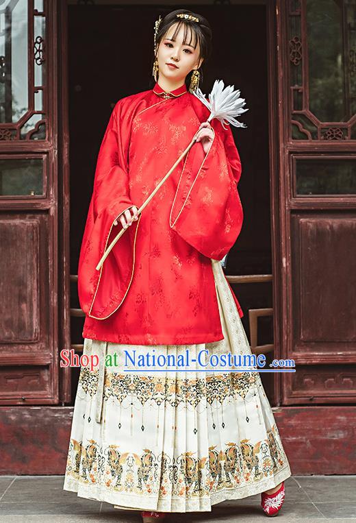 Chinese Traditional Ancient Ming Dynasty Hanfu Dress Historical Costumes Palace Princess Apparels Red Blouse and Skirt for Women