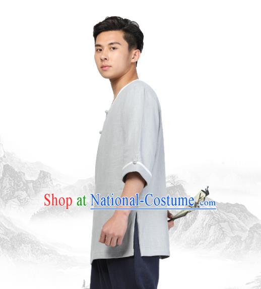 Chinese Traditional Tang Suit Costume National Clothing Slant Opening Grey Ramie Shirt Upper Outer Garment for Men