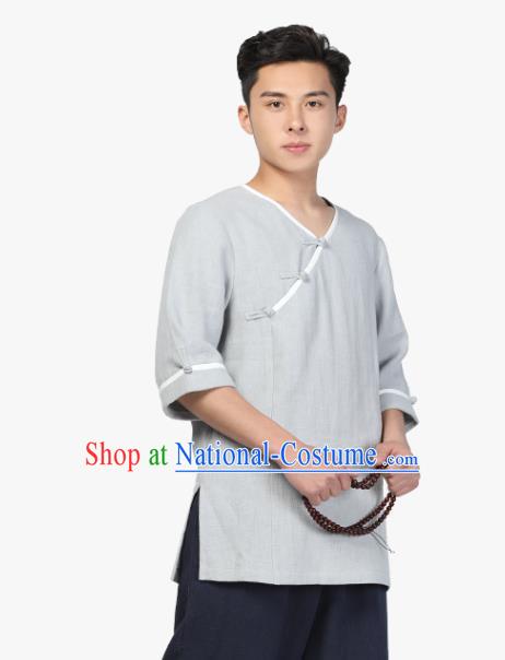 Chinese Traditional Tang Suit Costume National Clothing Slant Opening Grey Ramie Shirt Upper Outer Garment for Men