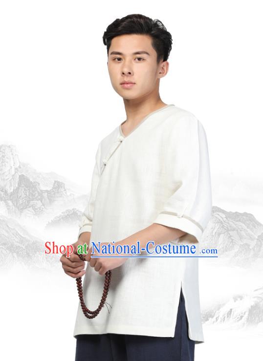 Chinese Traditional Tang Suit Costume National Clothing Slant Opening White Ramie Shirt Upper Outer Garment for Men