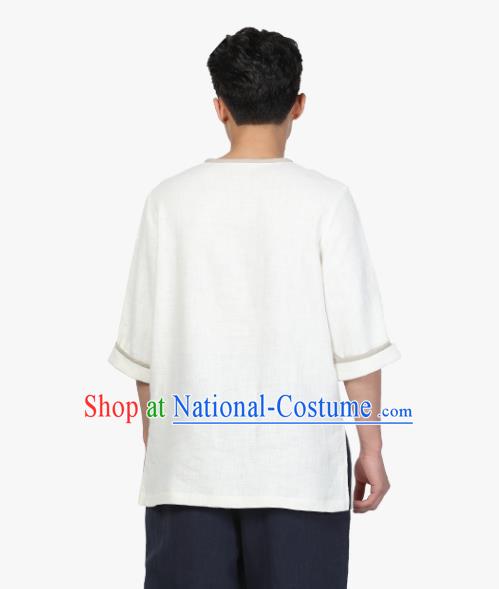 Chinese Traditional Tang Suit Costume National Clothing Slant Opening White Ramie Shirt Upper Outer Garment for Men