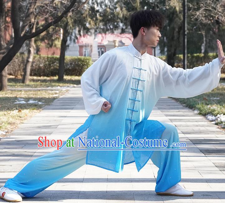 Top Male Kung Fu Costume Martial Arts Training Uniform Shaolin Wushu Clothing Tai Ji Competition Gradient Blue Outfits