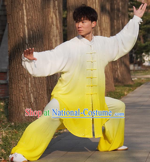 Top Male Kung Fu Costume Martial Arts Training Uniform Shaolin Wushu Clothing Tai Ji Competition Gradient Yellow Outfits