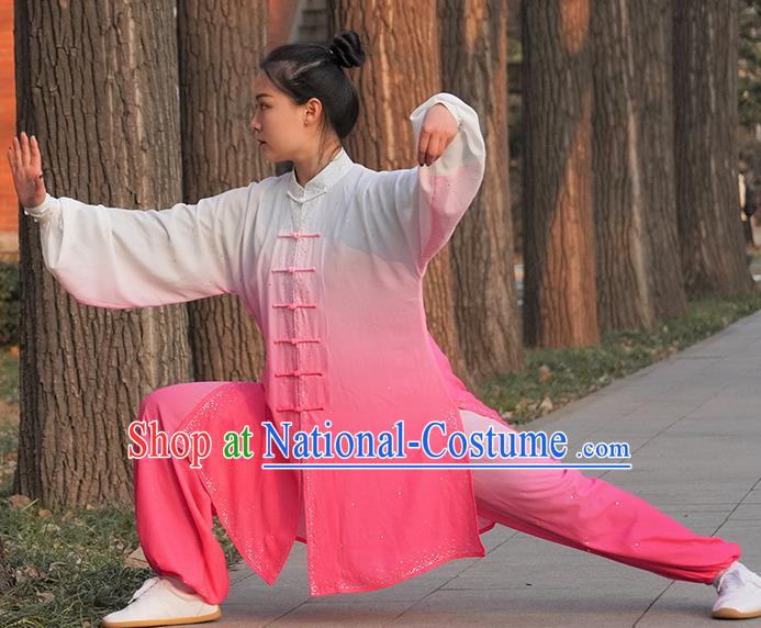 Professional Kung Fu Costume Top Grade Martial Arts Training Uniform Shaolin Wushu Clothing Tai Ji Competition Gradient Pink Outfits for Women