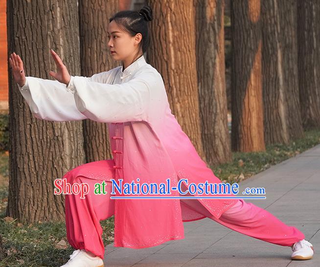 Professional Kung Fu Costume Top Grade Martial Arts Training Uniform Shaolin Wushu Clothing Tai Ji Competition Gradient Pink Outfits for Women