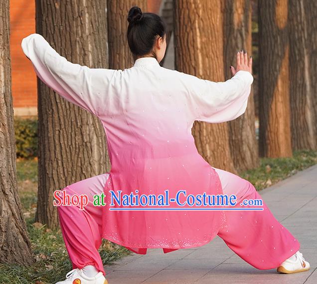 Professional Kung Fu Costume Top Grade Martial Arts Training Uniform Shaolin Wushu Clothing Tai Ji Competition Gradient Pink Outfits for Women