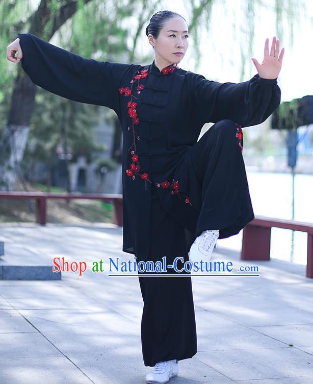 Chinese Traditional Tai Chi Competition Black Costume Professional Tai Ji Training Outfits Top Grade Martial Arts Uniform for Women