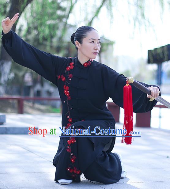 Chinese Traditional Tai Chi Competition Black Costume Professional Tai Ji Training Outfits Top Grade Martial Arts Uniform for Women