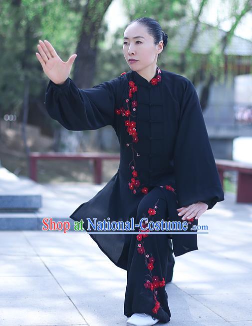 Chinese Traditional Tai Chi Competition Black Costume Professional Tai Ji Training Outfits Top Grade Martial Arts Uniform for Women