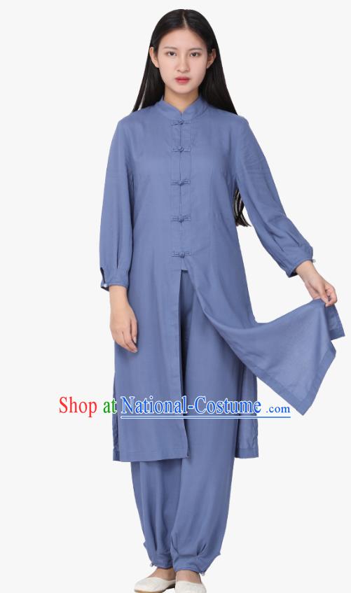 Chinese Traditional Meditation Costume Top Grade Tai Ji Uniforms Professional Tang Suit Blue Zen Outfits for Women