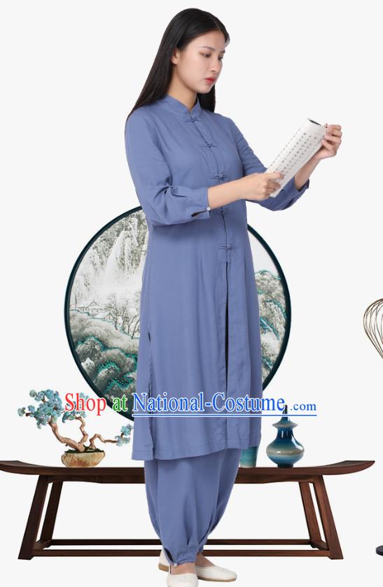 Chinese Traditional Meditation Costume Top Grade Tai Ji Uniforms Professional Tang Suit Blue Zen Outfits for Women