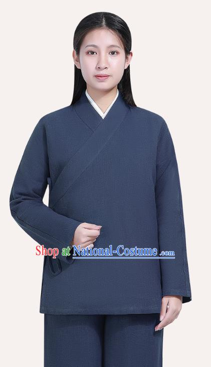 Chinese Traditional Lay Buddhist Costume Top Grade Tai Ji Uniforms Professional Tang Suit Women Navy Ramie Meditation Outfits