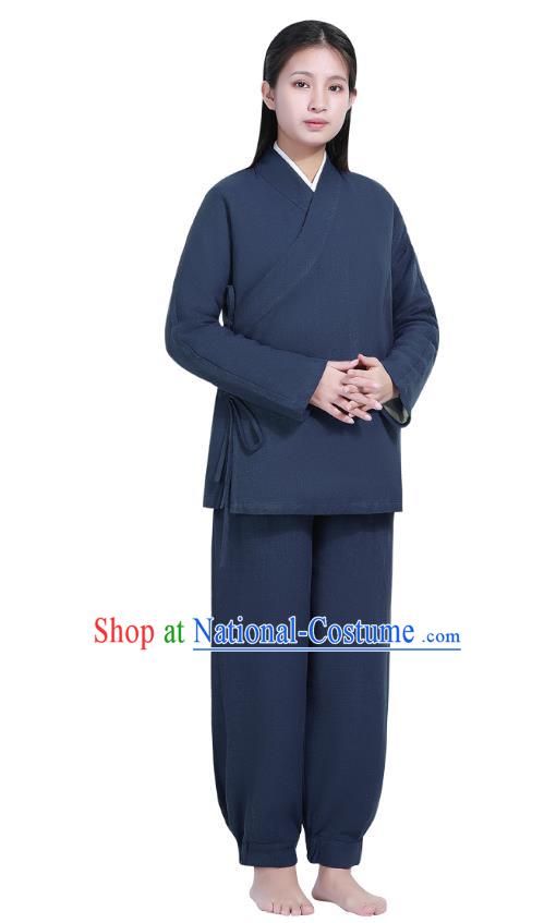 Chinese Traditional Lay Buddhist Costume Top Grade Tai Ji Uniforms Professional Tang Suit Women Navy Ramie Meditation Outfits