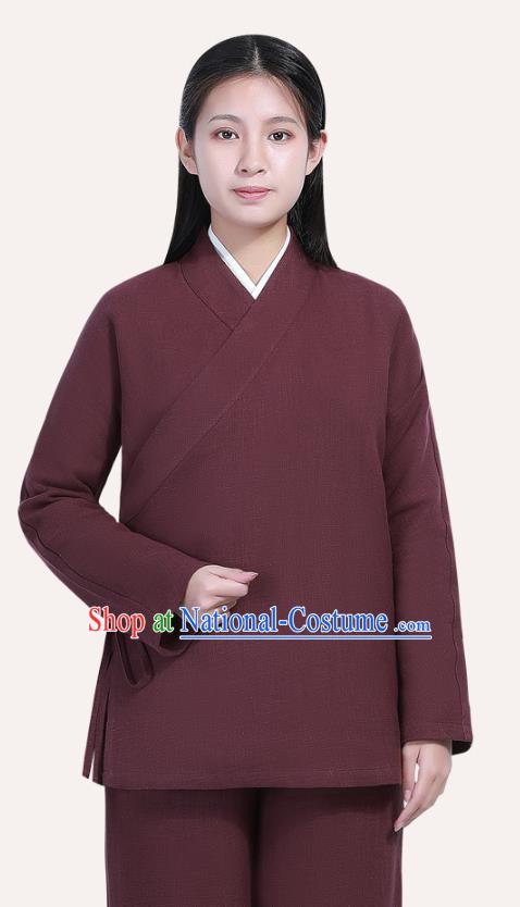 Chinese Traditional Lay Buddhist Costume Top Grade Tai Ji Uniforms Professional Tang Suit Women Wine Red Ramie Meditation Outfits