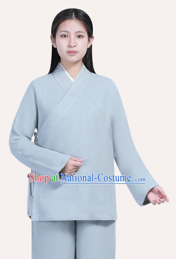 Chinese Traditional Lay Buddhist Costume Top Grade Tai Ji Uniforms Professional Tang Suit Women Light Grey Ramie Meditation Outfits