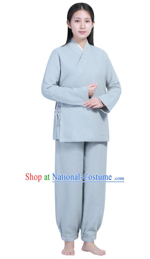 Chinese Traditional Lay Buddhist Costume Top Grade Tai Ji Uniforms Professional Tang Suit Women Light Grey Ramie Meditation Outfits