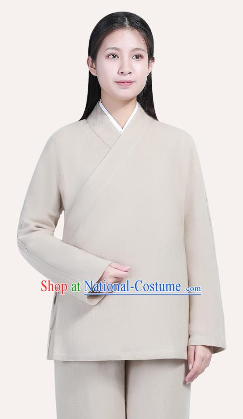 Chinese Traditional Lay Buddhist Costume Top Grade Tai Ji Uniforms Professional Tang Suit Women Beige Ramie Meditation Outfits