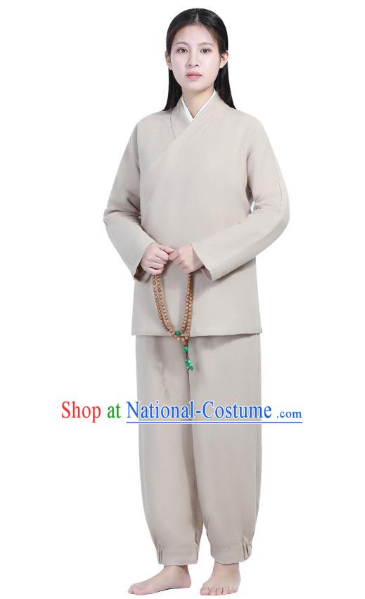 Chinese Traditional Lay Buddhist Costume Top Grade Tai Ji Uniforms Professional Tang Suit Women Beige Ramie Meditation Outfits