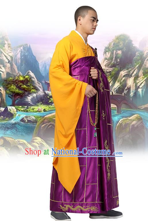 Chinese Traditional Monk Embroidered Dragon Purple Silk Kasaya Costume Buddhism Gown Clothing Bonze Cassock Garment for Men