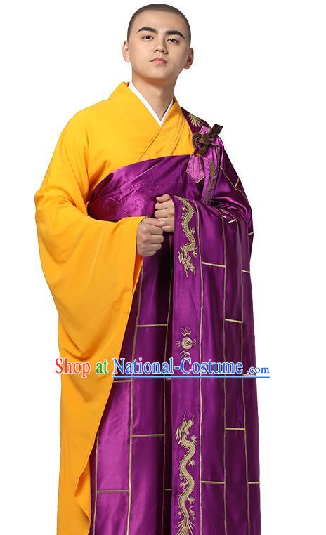 Chinese Traditional Monk Embroidered Dragon Purple Silk Kasaya Costume Buddhism Gown Clothing Bonze Cassock Garment for Men