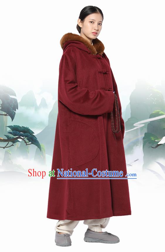 Chinese Traditional Women Lay Buddhist Costume Top Grade Tai Ji Uniforms Tang Suit Meditation Wine Red Dust Coat