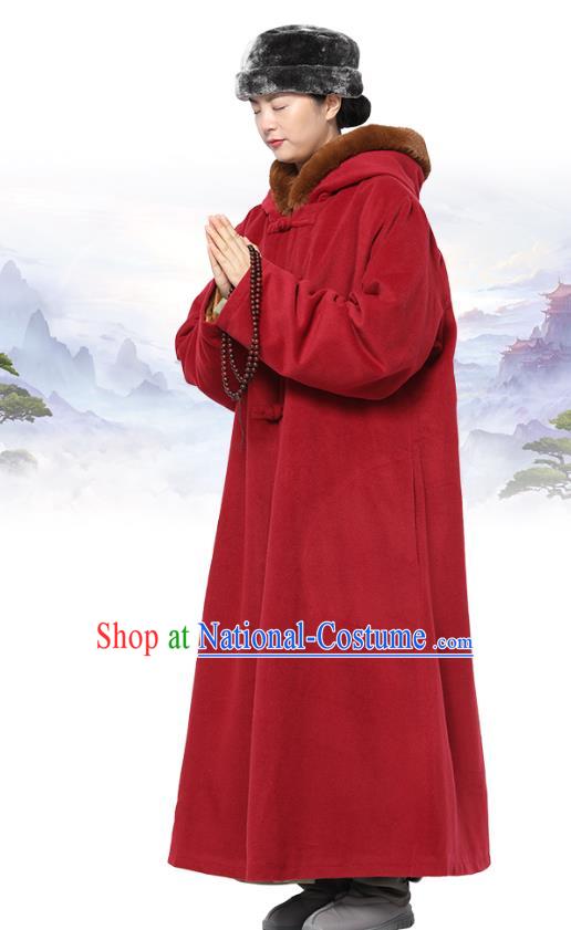 Chinese Traditional Women Lay Buddhist Costume Top Grade Tai Ji Uniforms Tang Suit Meditation Red Dust Coat