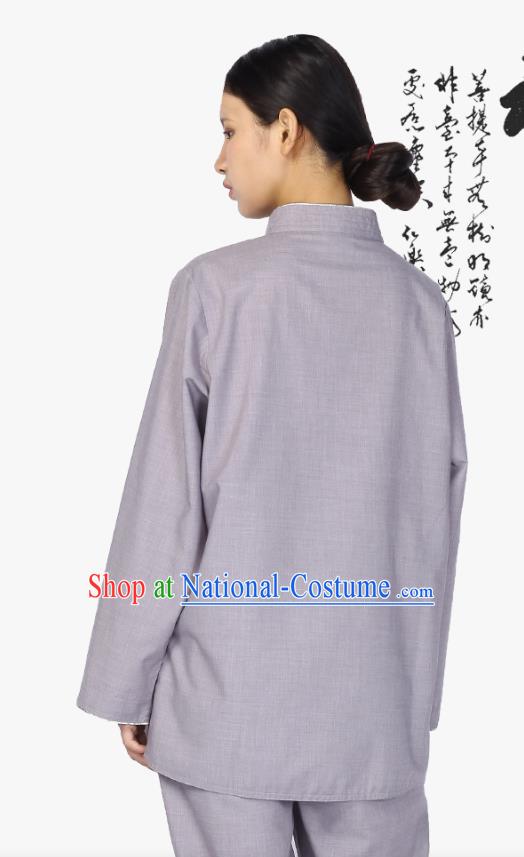 Chinese Traditional Women Lay Buddhist Costume Top Grade Tai Ji Uniforms Tang Suit Meditation Grey Blouse and Pants