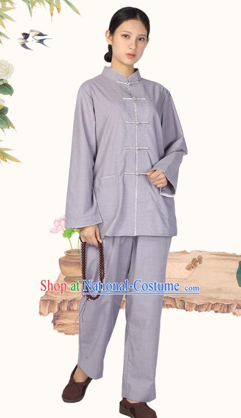 Chinese Traditional Women Lay Buddhist Costume Top Grade Tai Ji Uniforms Tang Suit Meditation Grey Blouse and Pants