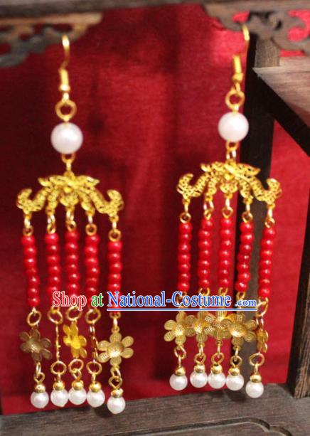 Traditional Chinese Ancient Princess Red Beads Tassel Earrings Handmade Jewelry Accessories Eardrop for Women