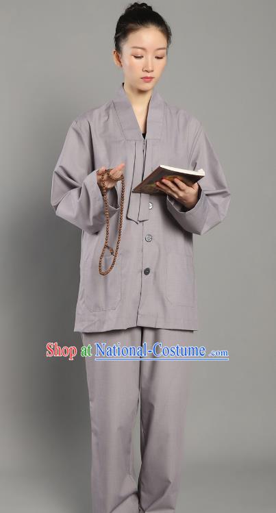 Chinese Lay Buddhist Dress Costume Traditional Meditation Garment Clothing Grey Deep Collar Blouse and Pants for Women