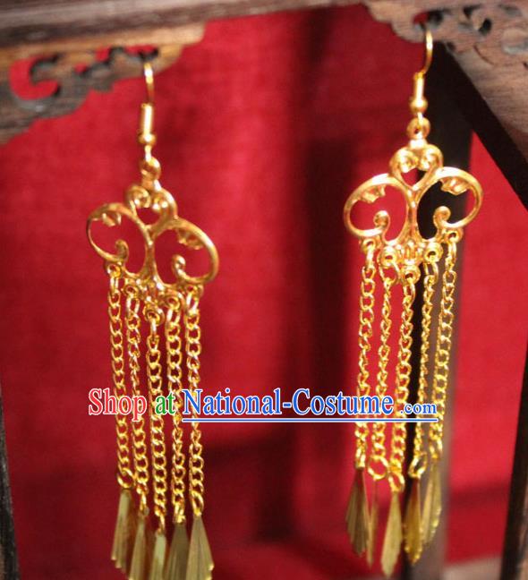 Traditional Chinese Ancient Princess Golden Tassel Earrings Handmade Jewelry Accessories Eardrop for Women