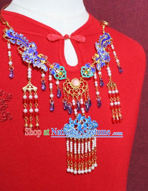 Traditional Chinese Ancient Princess Cloisonne Necklace Handmade Jewelry Accessories Pearls Phoenix Tassel Necklet for Women