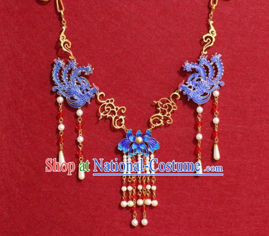 Traditional Chinese Ancient Princess Necklace Handmade Jewelry Accessories Cloisonne Phoenix Pearls Tassel Necklet for Women