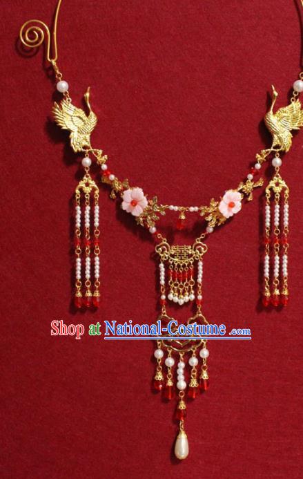 Traditional Chinese Ancient Princess Pearls Tassel Necklace Handmade Jewelry Accessories Golden Cranes Necklet for Women